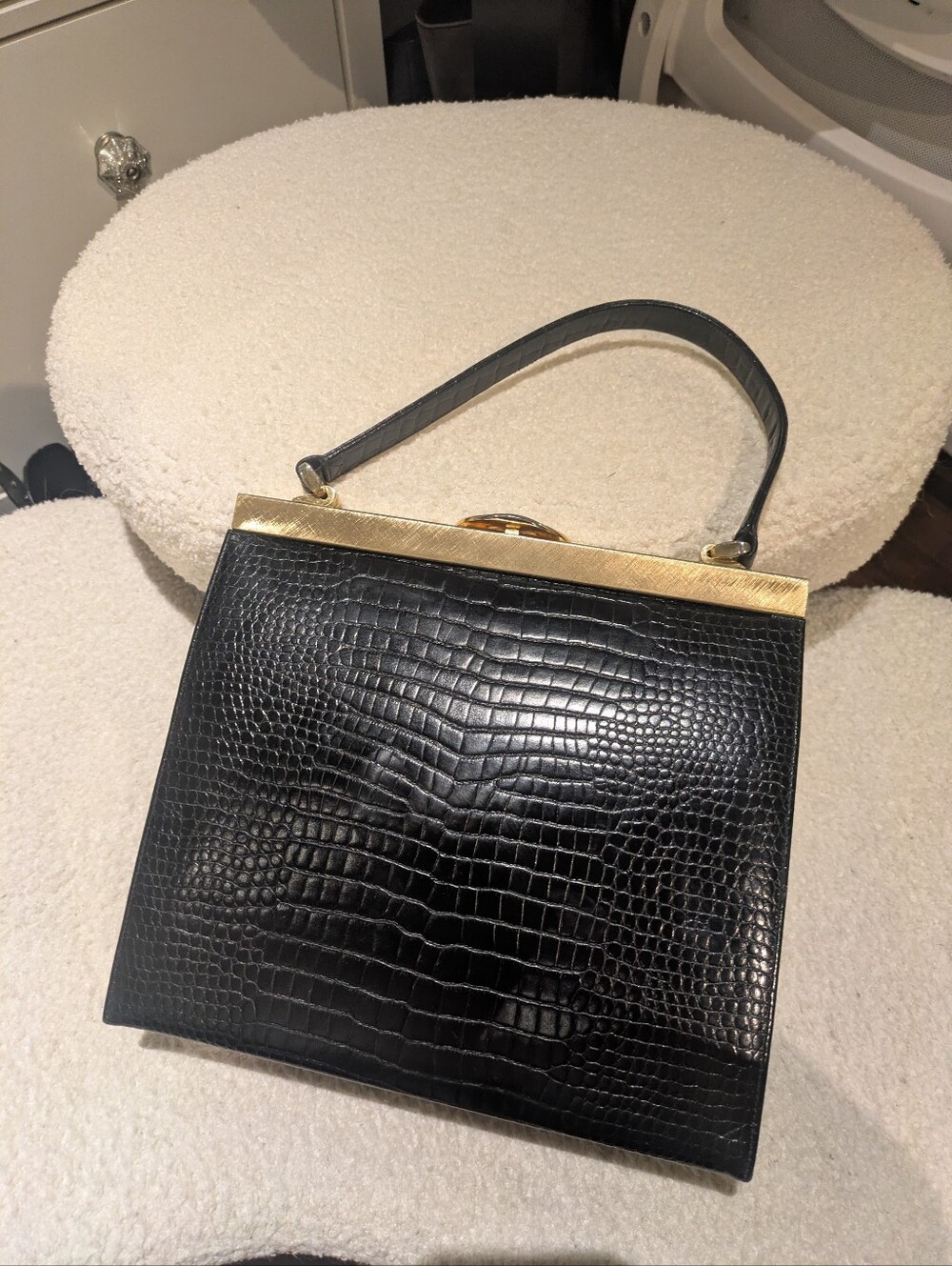 Classic Black Croc-Embossed Top-Handle Bag with Gold Trim